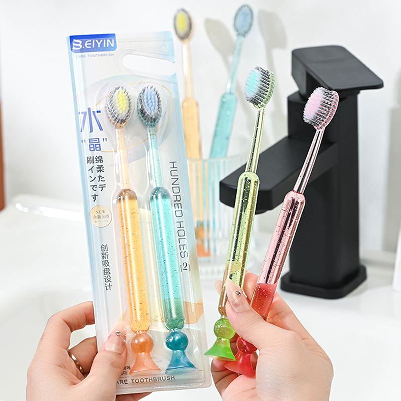 Extra-Long Brush Head Antibacterial Soft Bristle Toothbrush With Non-Slip Handle And Suction Cup Base Upright Design