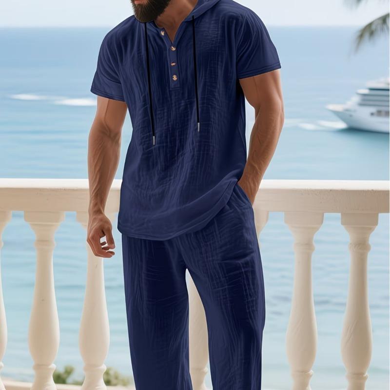 Men Casual Loose Solid Hooded Short Sleeve Henley Shirt And Long Pants Set