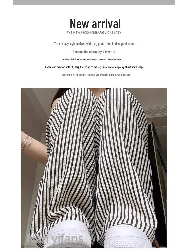 Women's High-Waisted Striped Wide-Leg Summer Pants - Petite, Loose, Slimming, Casual, Drapey.