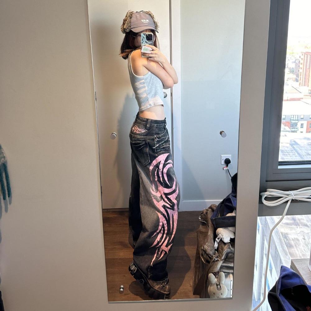 Brand de Modă Transfrontalier Jaded London Blugi Spălați cu Imprimeu Model Retro American Pantaloni cu Picior Larg pentru Fete Sexy