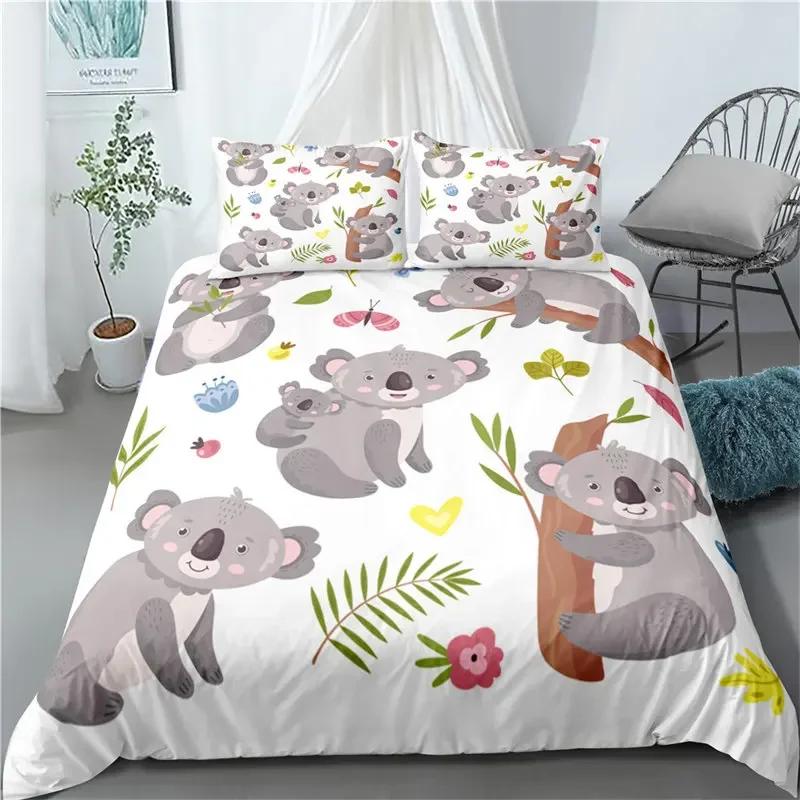 Cartoon Koala Cute Animal Leaves Flowers Comfortable Duvet Quilt Cover Pillowcase Bedding Set Bedroom Decoration Home Textile