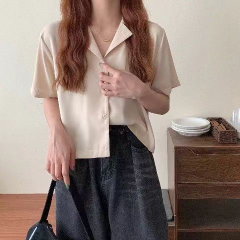 Women's Summer Short-Sleeve Casual Short-Sleeve Shirt: Retro, Loose-Fit, Solid-Color Commuter Top