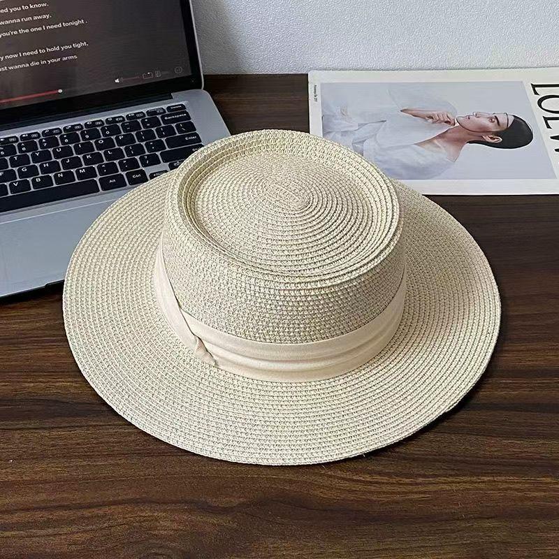 Straw hat seaside beach summer sun hat bow flat top hat sun hat rough edge vacation shade sun protection