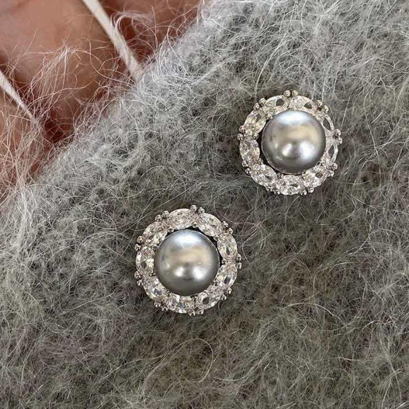 Elegant Zircon Grey Pearl Round Stud Earrings - Stylish, Light Luxury Design for Women