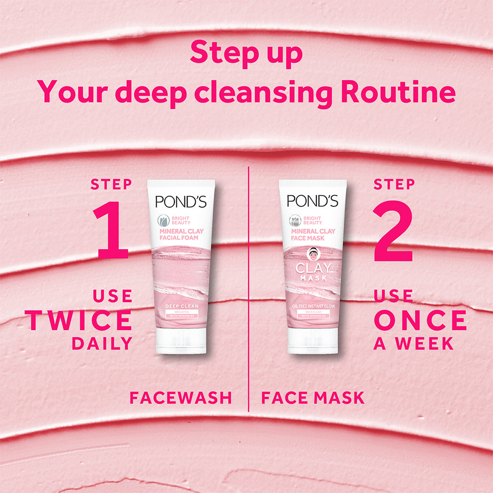 POND'S Bright Beauty Clay Face Wash 90g For Oily Skin With Vitamin B3 And Manicouagan Clay For Instant Glow And Deep Cleanse