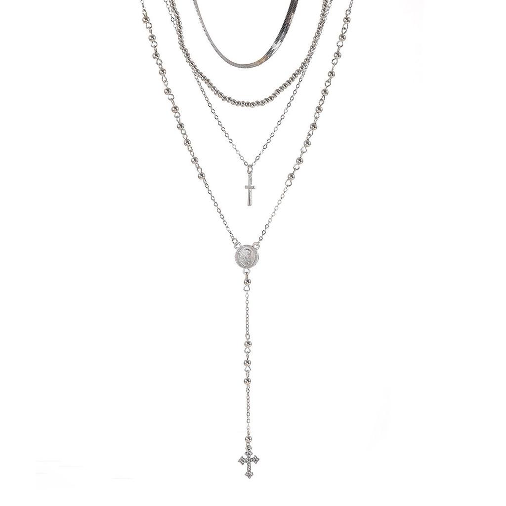 Alloy Cross Pendant Necklace For Women With Multilayer Design And Trendy Style
