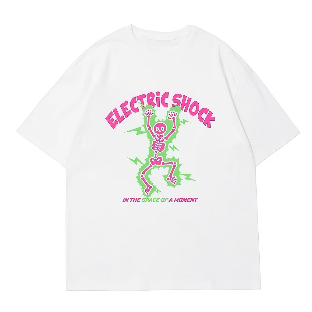 Unisexs Electric Shock Skeleton Graphic Tshirt Pink Green Neon Print Gothic Streetwear Cotton Short Sleeve Casual Black Tee Tops