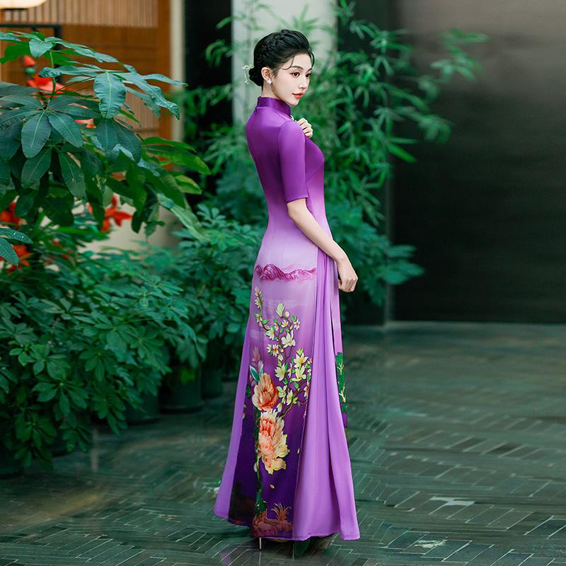 1011 new Vietnamese Aodai catwalk cheongsam high-end atmospheric improved version of Chinese style stage performance dress purple