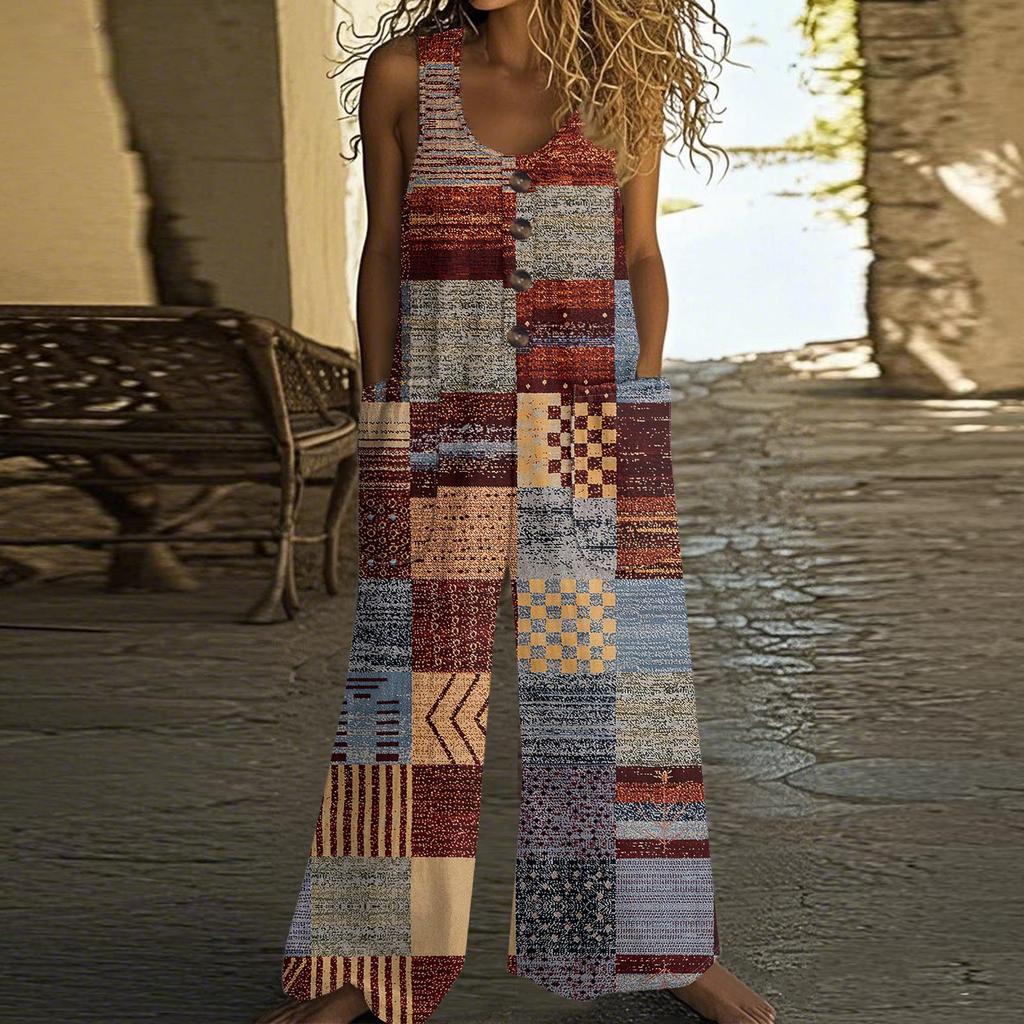 Women's Fashion Casual Button-down Sleeved Jumpsuit Retro Color Block Stitching Printed Cotton Pocket Jumpsuit