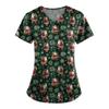 Ladies' Fashionable V-neck Pocket Short Sleeved Christmas Tree Printed Caregiver Shirt