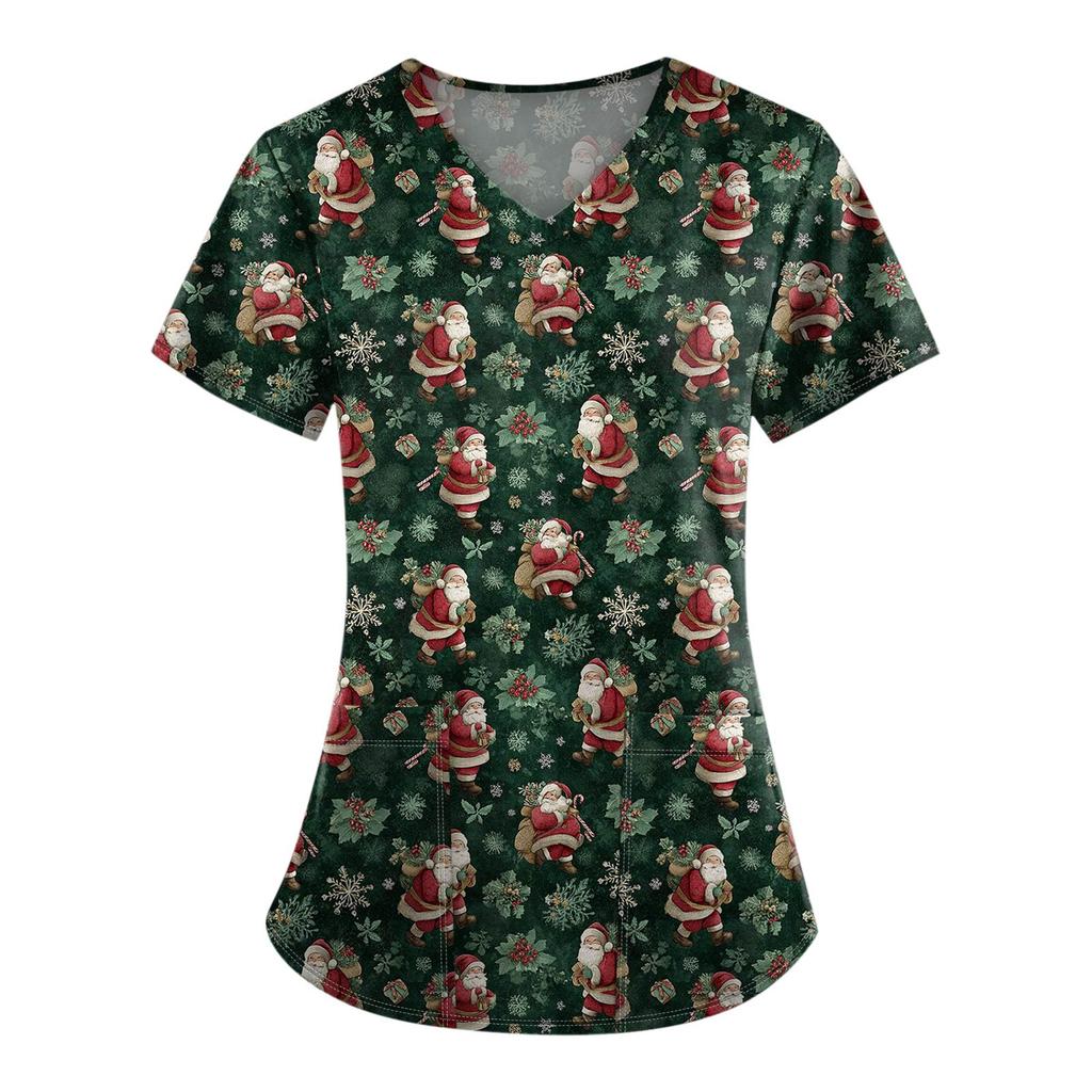 Ladies' Fashionable V-neck Pocket Short Sleeved Christmas Tree Printed Caregiver Shirt