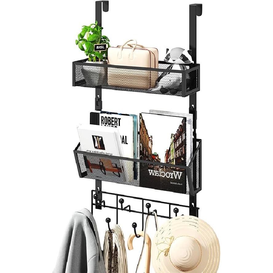 HapiRm Over the Door Hanger with Coat Hooks and 2 Baskets, Rustproof & Waterproof Over the Door Hooks, Storage Organizer for Hats, Bathroom, Kitchen,