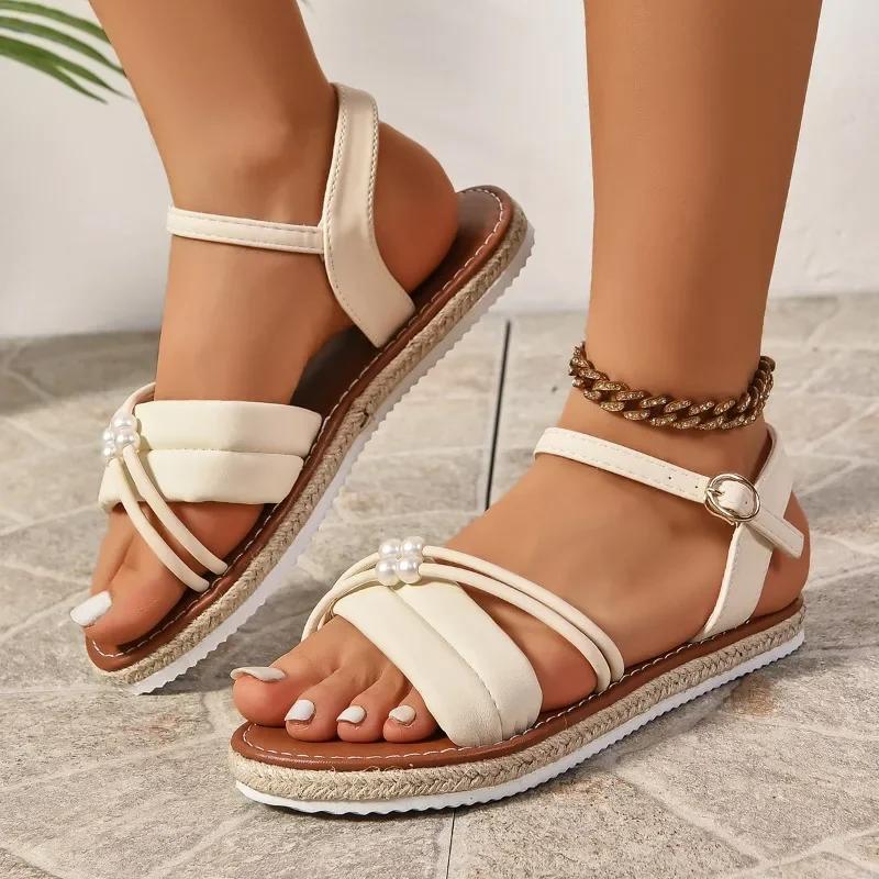 Fashion Women's Shoes 2024 Brand Buckle Strap Women's Sandals Fashion String Bead Casual Sandals Women New Solid Plus Size Flat Sandals