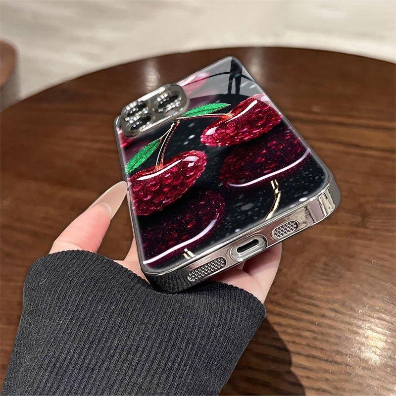 Cherry Pattern Tempered Glass Electroplated Silver Phone Case For iPhone 11 12 13 14 15 16 17 Pro Max Plus 16E 17 Air Cover