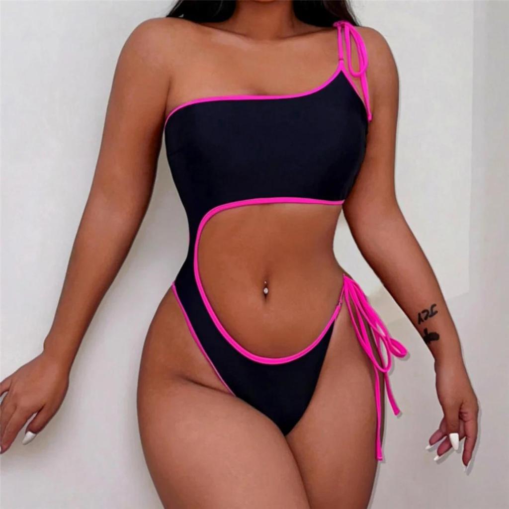 Neue Schwarze Asymmetrische Ein Schulter Damen Bademode Einteiler Badeanzug Weiblich Bauch Ausschnitt Hoher Beinausschnitt Badehose Badeanzug Swim