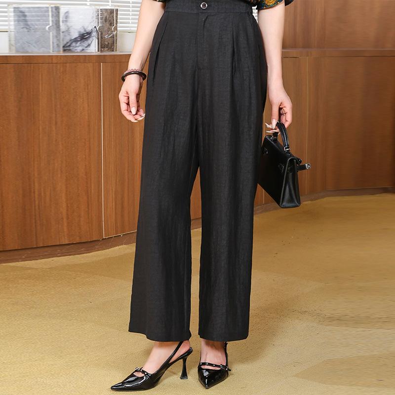 Heavy silk black turtle crack fragrant cloud yarn wide-leg pants women's summer straight-leg pants mulberry silk middle-aged and elderly pants