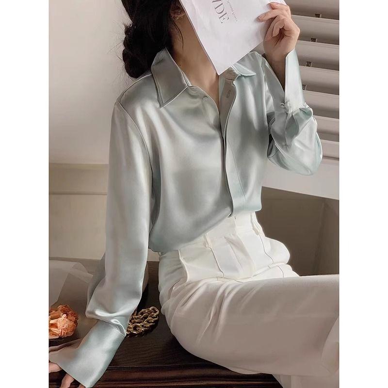 

Белый шелковый атлас Весна Новый стиль Шикарная рубашка с длинным рукавом Женская профессиональная модная рубашка в стиле осень XXL зелёный