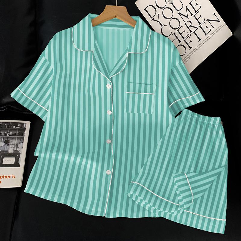 Ice Silk Pajamas Women S Summer High-End Striped Explosive Foreign-Style Loungewear Two-Piece Set M