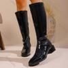Damen Übergröße Schwarze Leder Quadratische Spitze Klobiger Absatz Ritterstiefel Elegante Knielange Lange Stiefel Für Herbst Winter