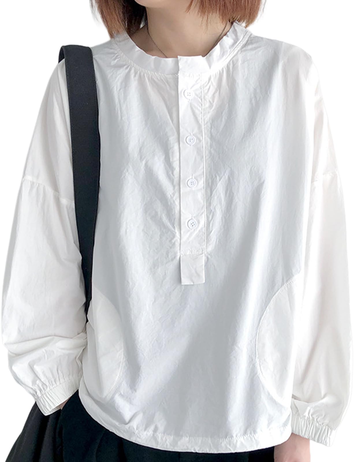 

Airby Long Sleeve Plus Sizes Women s Loose-Fit Blouse, Stand-Up Collar, Top, Spring/Summer, Available, Simple, Cool, Clean, White, 5S-A09-WHM