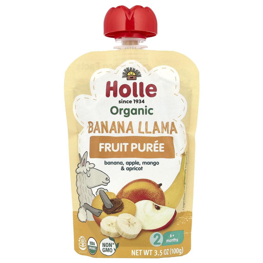 Holle, Organic Fruit Puree, Banana Llama, 6+ Months, Banana, Apple, Mango & Apricot, 3.5 oz (100 g)
