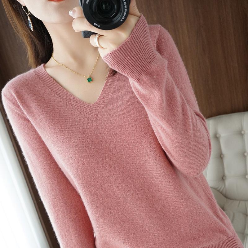 Korean Style V-Neck Long Sleeve Knitted Sweater for Women - Autumn/Winter Solid Color Loose Fit Pullover Top