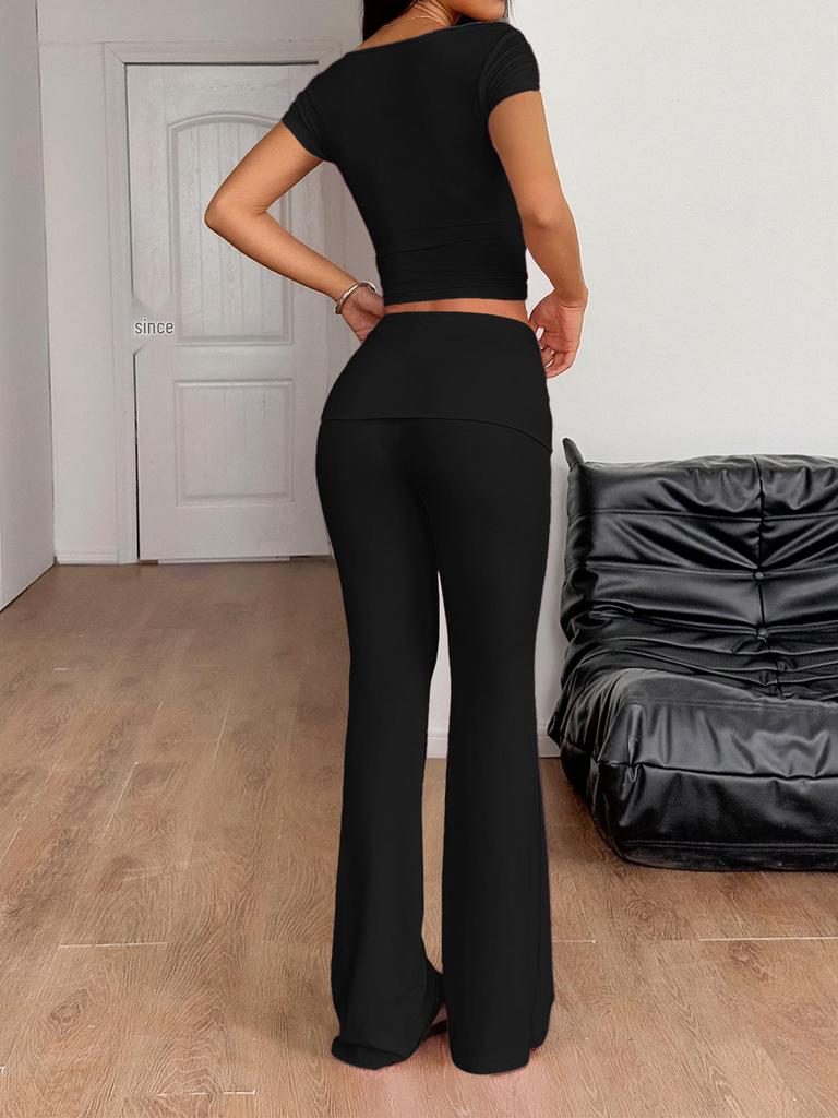 European and American Sporty U-neck Short-sleeved Top & Long Pants Set - Summer 2026 Collection