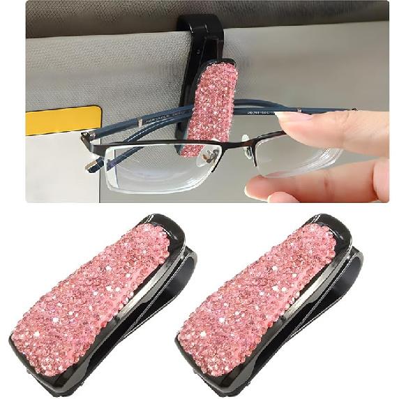 2 PCS Car Sun Visor Glasses Holder, Fashion Bling Car Eyeglasses Sunglasses Hanger for Women Girls, Glasses Holder Clip Hanger Mount with Ticket Card