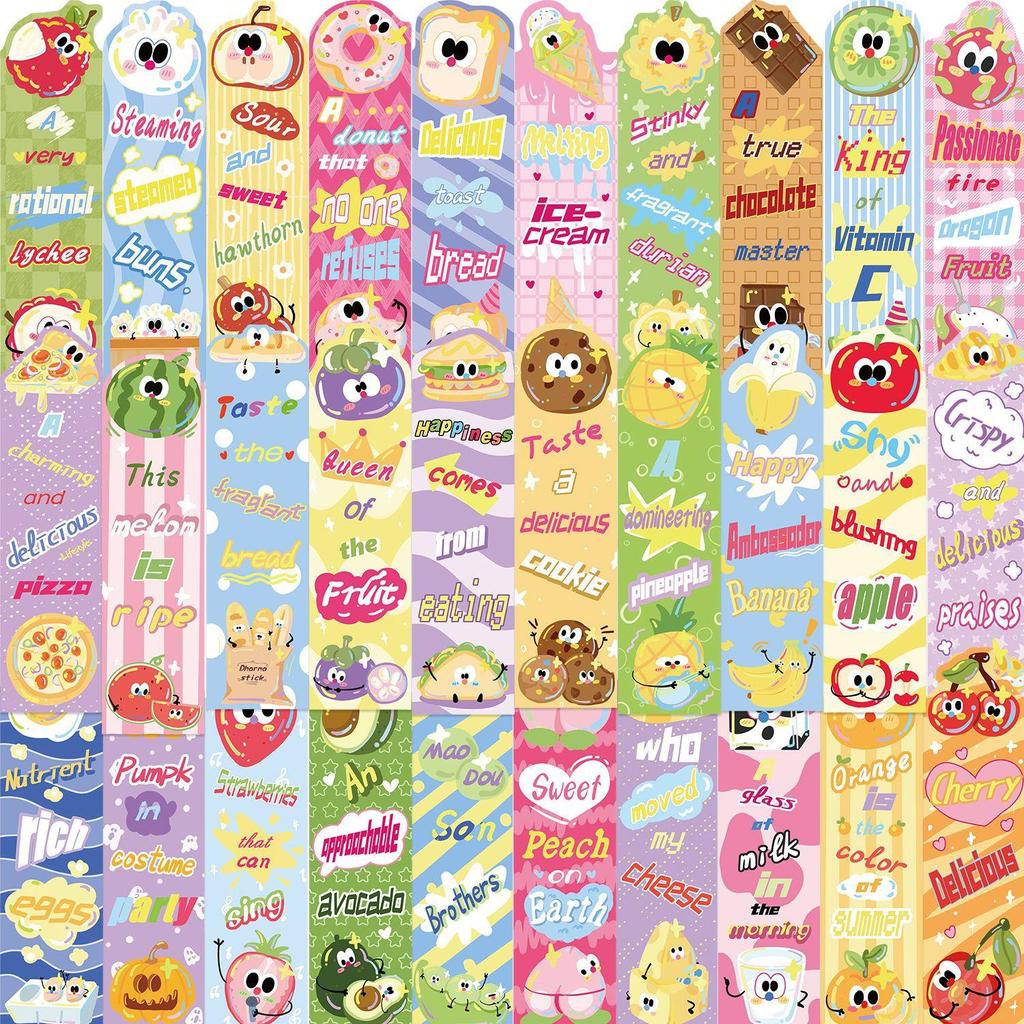 30pcs Cartoon Food & Fruit Series Bookmarks, Colorful Fun Reading & Labeling Paper Cards for Reading and Food Lovers