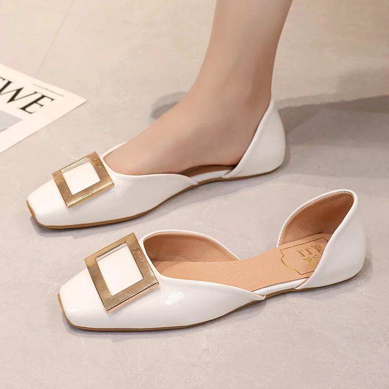 

2024 Новая весенняя и осенняя женская обувь Модные квадратные носки с неглубоким носком однотонные кожаные женские туфли на плоской подошве 40 белый