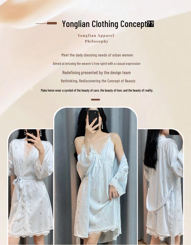 Women's Ice Silk Pajamas: Sexy Lace-Trim Nightgown with Silver Butterfly Robe & Chest Pads