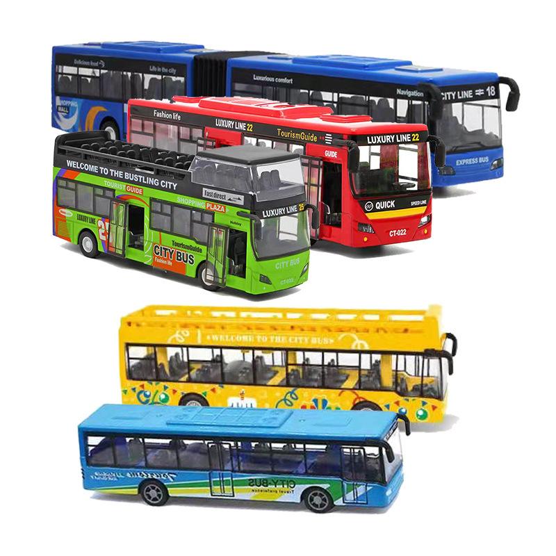 Simulation Bus Alloy Car Model Light Music Pull Back Double Section Bus Children's Sound and Light Toy Car