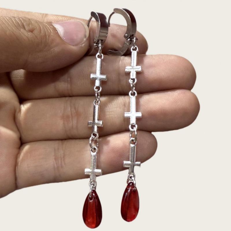 Gothic Punk Stainless Steel Long Cross Earrings for Christmas