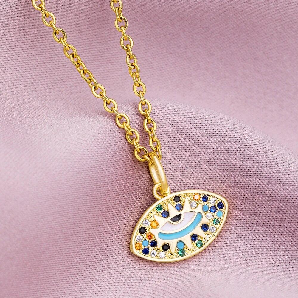 Turkish Lucky Evil Eye CZ Necklace Women 5 Style Blue Eyes Female Charm Fashion Enamel Stainless Steel Chain Necklace Jewelry