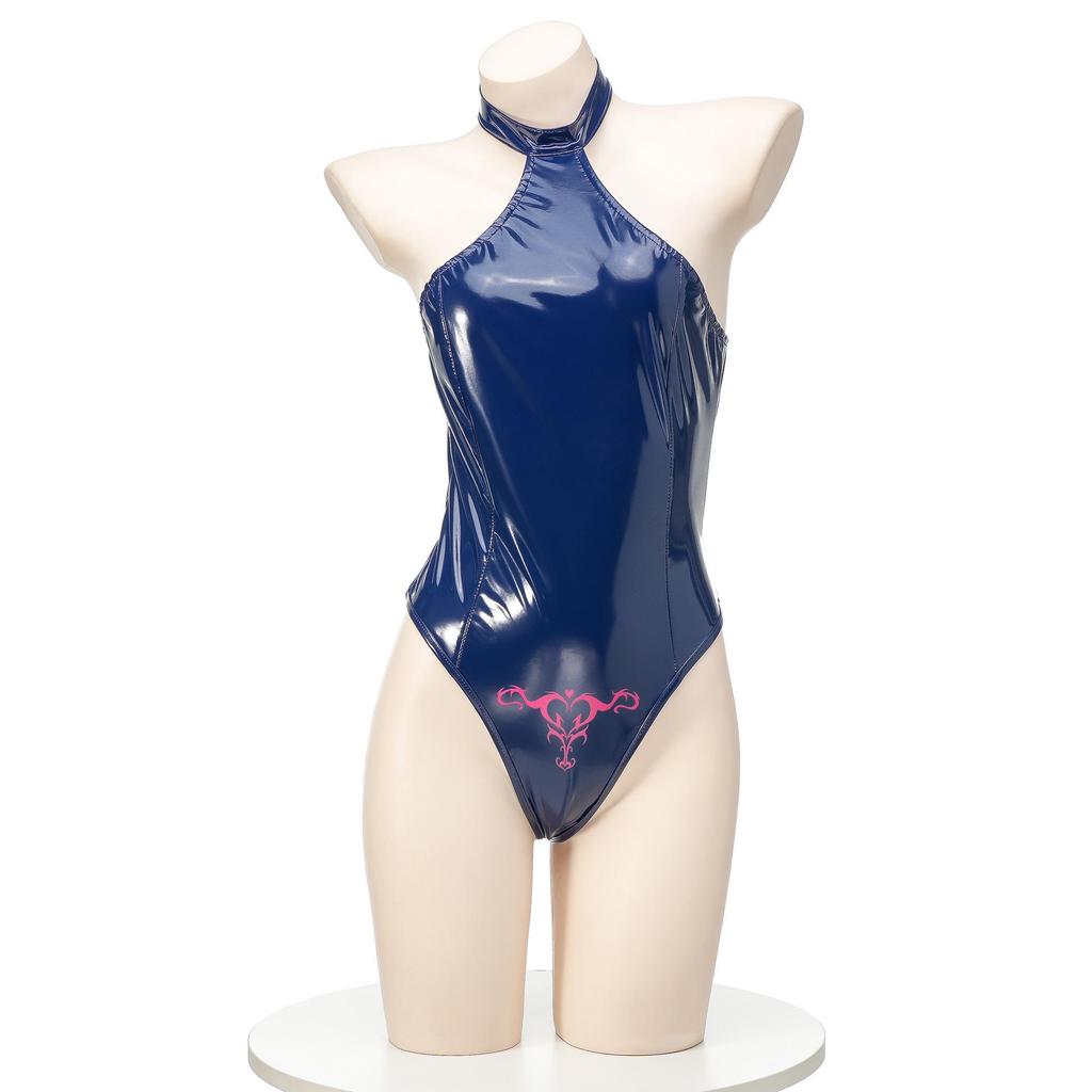 "Stylish Patent Leather Halter Neck Swimsuit - Backless, Slim Fit, Unique Print, C2051"