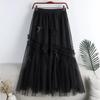 Qooth Sweet Bow Women A Line Tulle Ruffle Skirt Wide Hem Mid Length Elastic Waist Casual Skirt QT2655