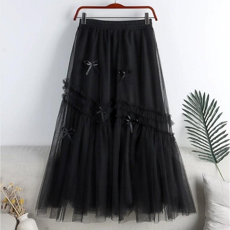 Qooth Sweet Bow Women A Line Tulle Ruffle Skirt Wide Hem Mid Length Elastic Waist Casual Skirt QT2655