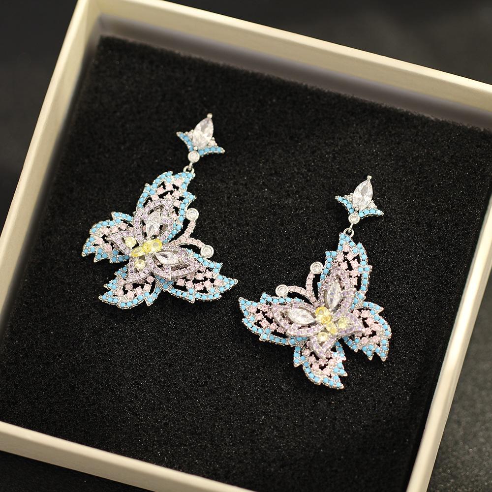 Heavy Industry Micro-inlaid Zircon Blue Butterfly Earrings Elegant Light Luxury Insect Earrings 925 Silver Needle Dinner Earrings Women's