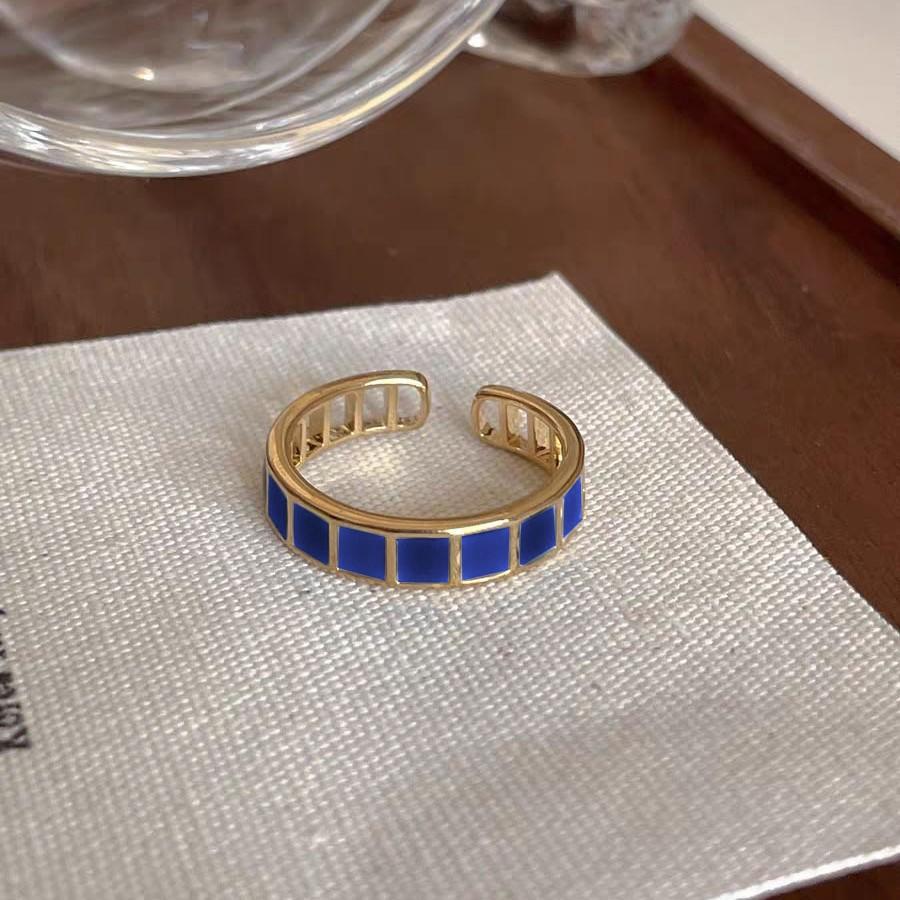 Simple And Versatile Blue Plaid Ring Women'S Niche And Versatile Design Sense Premium Open Index Finger Ring