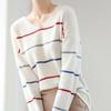 Women's Pure Wool Striped Round Neck Sweater - Slimming Loose Knitwear for Autumn and Winter.