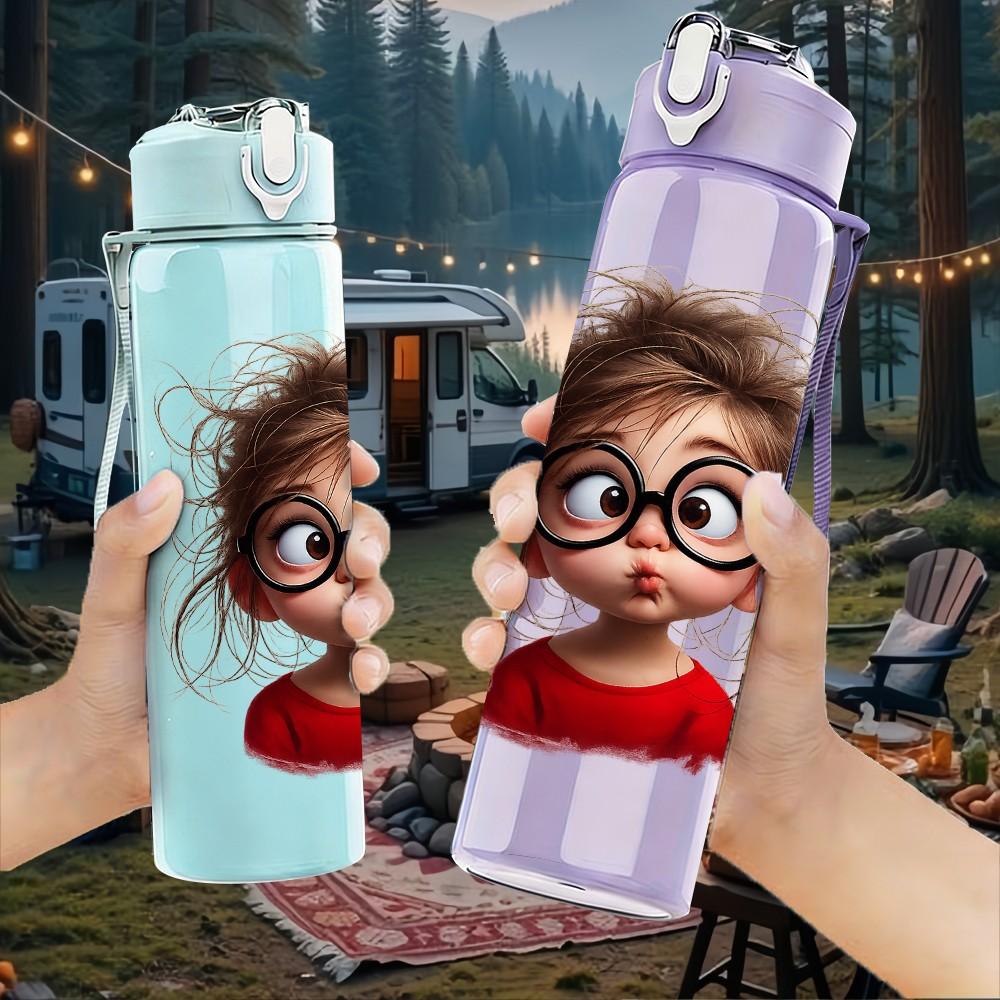 1PC Girl With Glasses Cute Portrait Print 750ml Color Plastic Sports Water Bottle Leakproof Flip Straw Lid Suitable for Sports Office Home Use