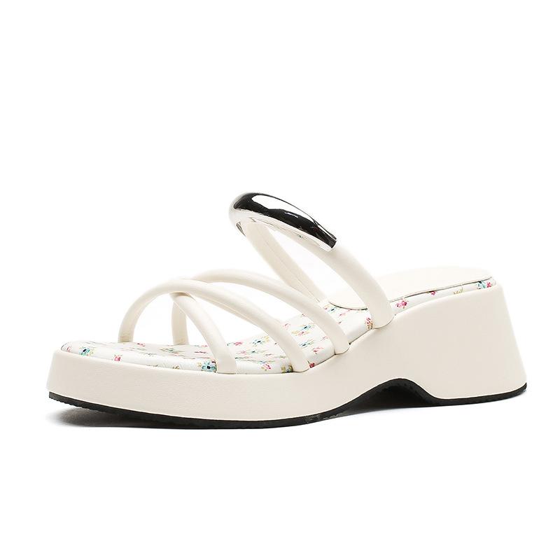Slope Heel Thick Sole Cover Toe Cool Slippers Women's Summer Wear New Small Height Increase Lace Moon Beach Sandals