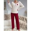 Soft Knit Pajama Set With Ribbed Texture Heart Embroidery Long Sleeve Lounge Wear Women