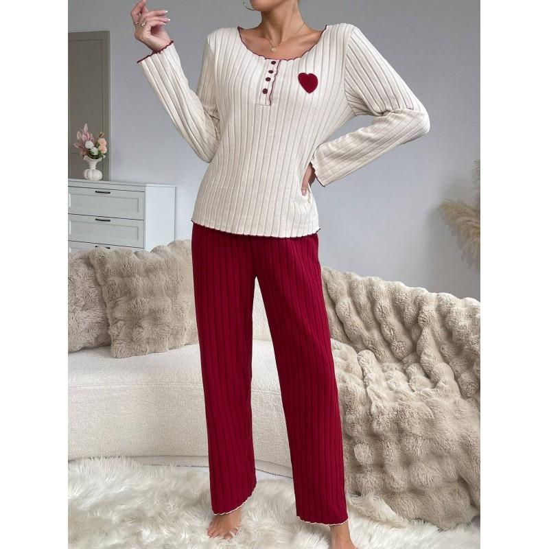 Soft Knit Pajama Set With Ribbed Texture Heart Embroidery Long Sleeve Lounge Wear Women