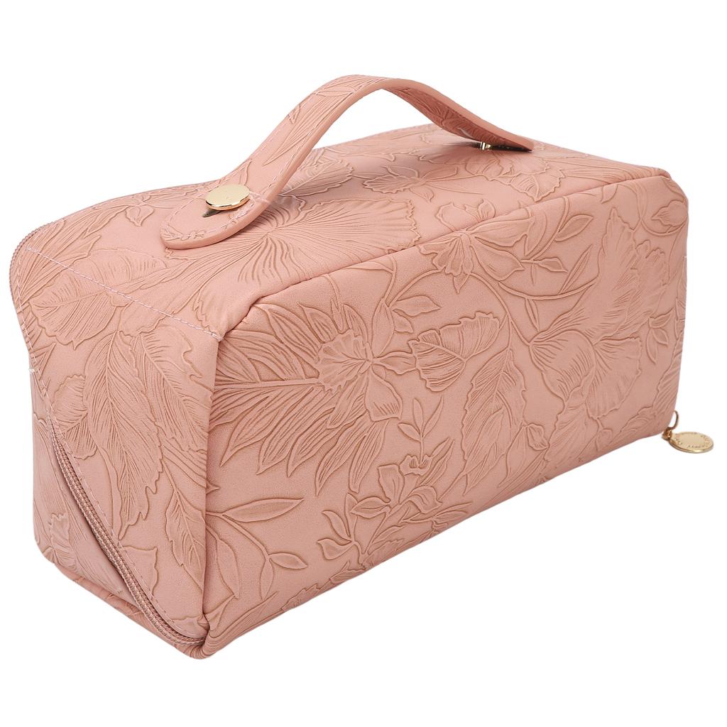 Make Up Cosmetic Bag PU Leather 180 Degree Opening Large Capacity Multi Functional Divider Flat Makeup Bag Pink