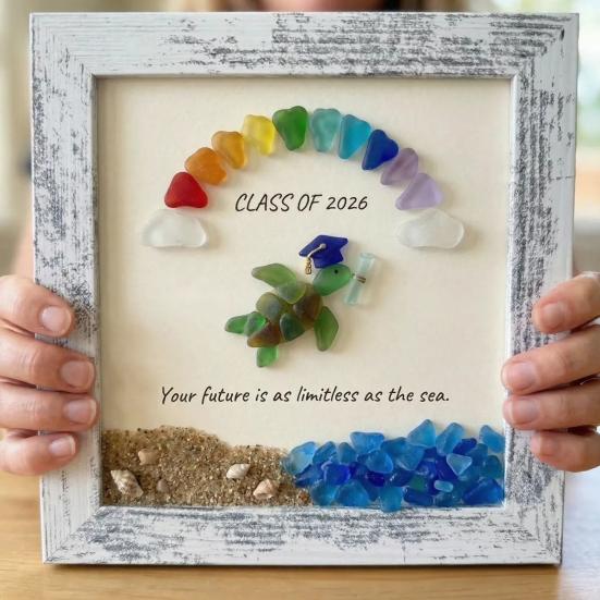 Class of 2026 Seaglass Decoration Handmade Sea Glass Graduation Wall Art Framed Sea Glass Artwork Desktop Wall Ornament Graduates Gift