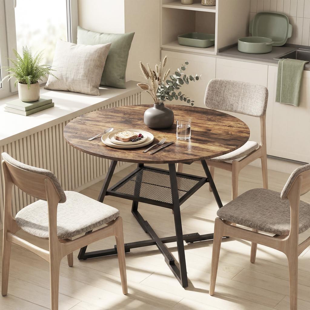 Dining Table for 4 People, 100 Cm Round Industrial Kitchen Table with Storage Shelf, Rustic Brown
