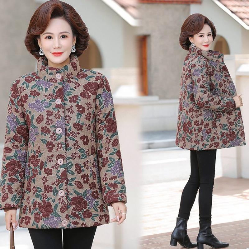 Autumn and Winter Cotton and Linen Printing Fleece Warm Cotton-padded Jacket Stand-up Collar Cotton-padded Jacket Year-old Floral