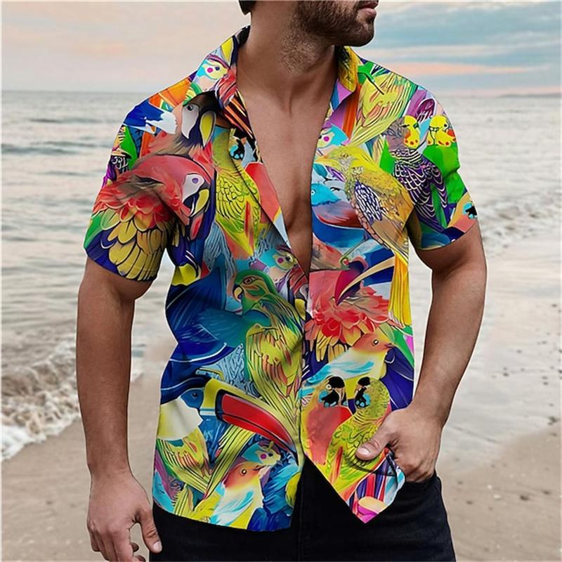 Men's Beach Parrot Printed Shirts Hawaii Breathable Shirts Summer Single Breasted Short Sleeved Shirts Comfortable Men's Shirts