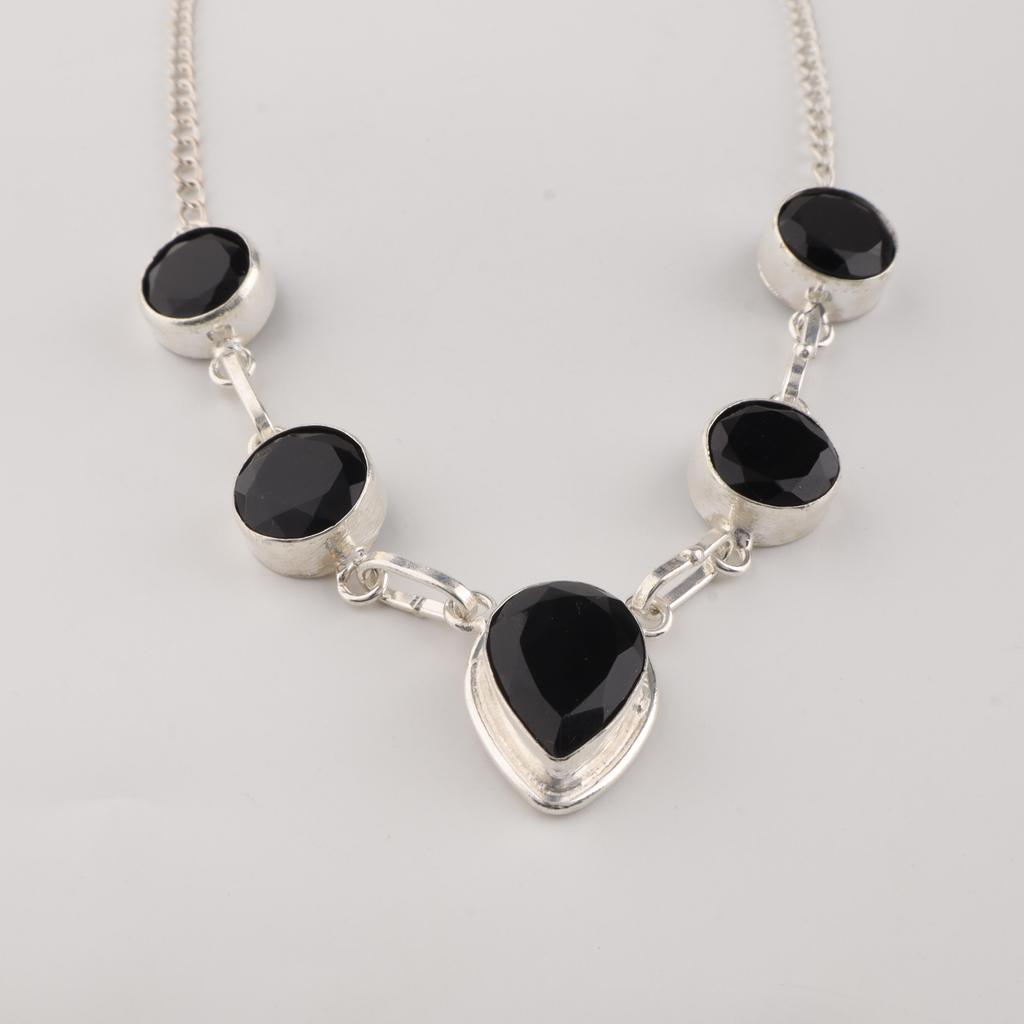 Collana d'Argento con Pietra di Onice Nera 16-18", Gioielli in Argento Sterling 925, Gioielli Mese di Nascita Luglio, Collana da Matrimonio in Onice Per Lei RN-3-22